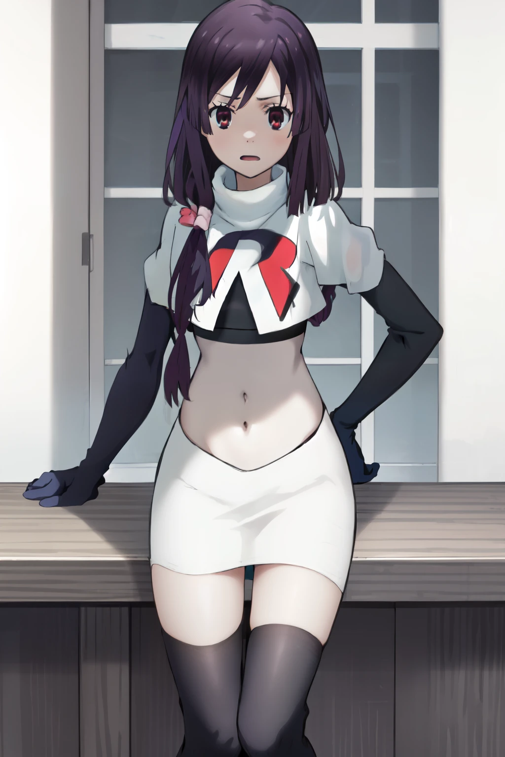 natsume, 1girl, crossdress-hairstyle, magic,    highres, absurdres,team rocket,team rocket uniform,white skirt,crop top,black thigh-highs,black elbow gloves,