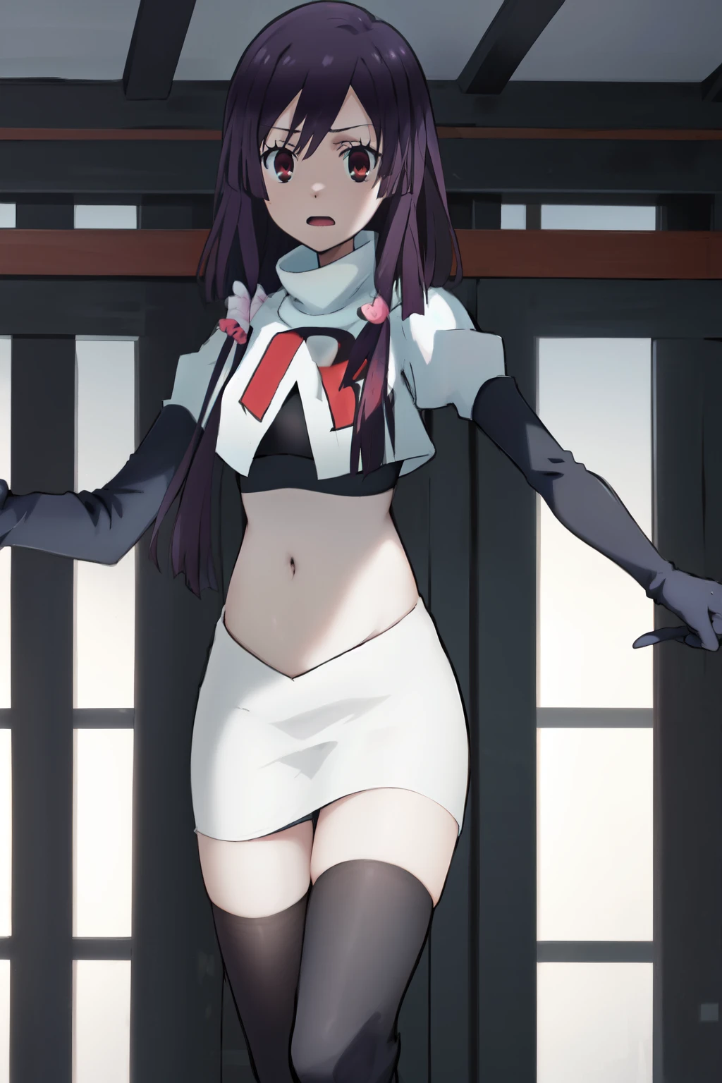 natsume, 1girl, crossdress-hairstyle, magic,    highres, absurdres,team rocket,team rocket uniform,white skirt,crop top,black thigh-highs,black elbow gloves,
