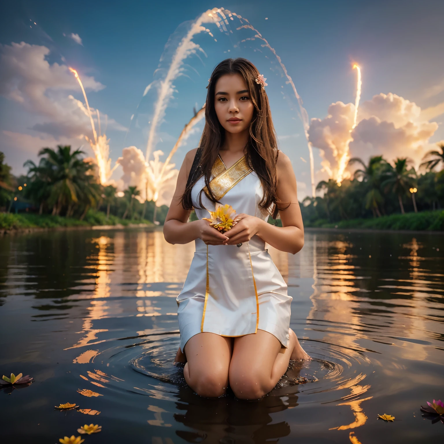 Beautiful woman wearing a white traditional Thai dress long brown hair Kneeling on the surface of the water Surrounded by pink lotus flowers He is using his hands to support a small white snake. The sky is splashing with colors like a spray of fire giving it a three-dimensional look. There is a pearl white Naga mixed with gold. The overall picture is in the style of fantasy. 3D background makes the picture look beyond imagination and look alive.