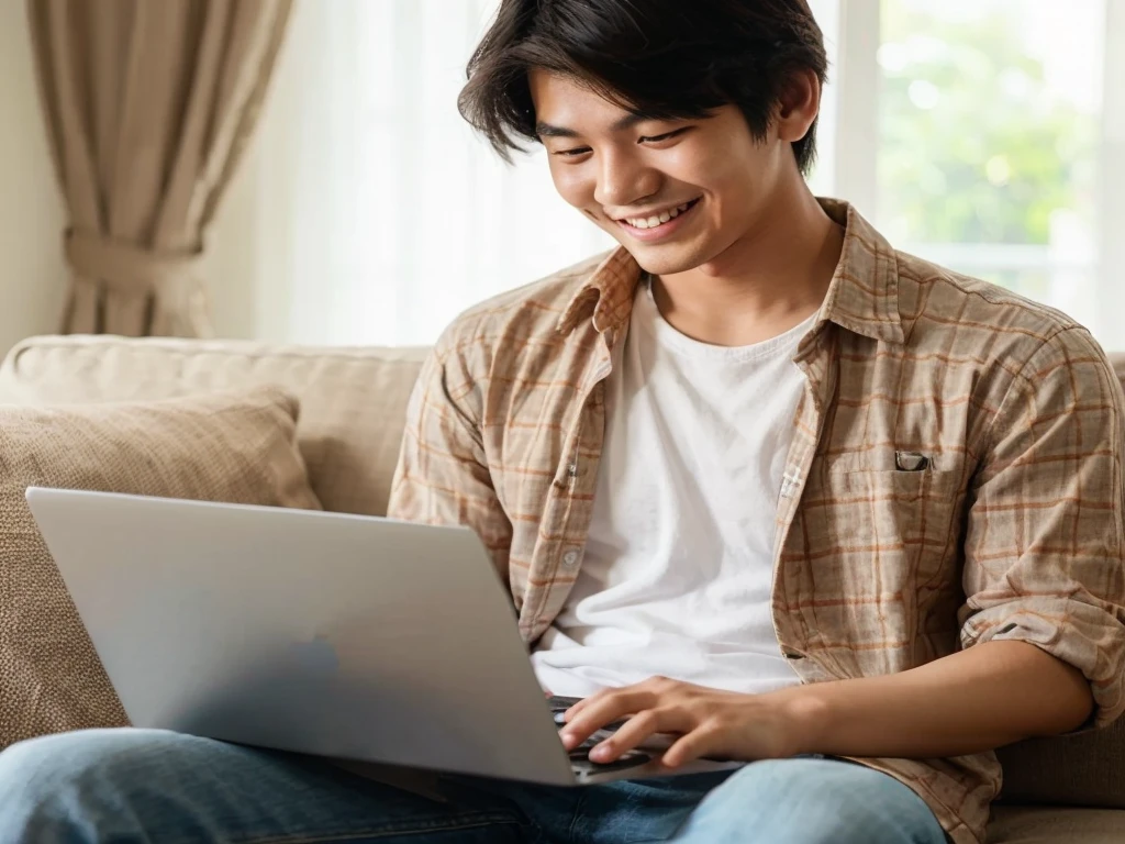 asian 20 years old man using laptop, sitting on sofa, smiling face, house, exciting pose