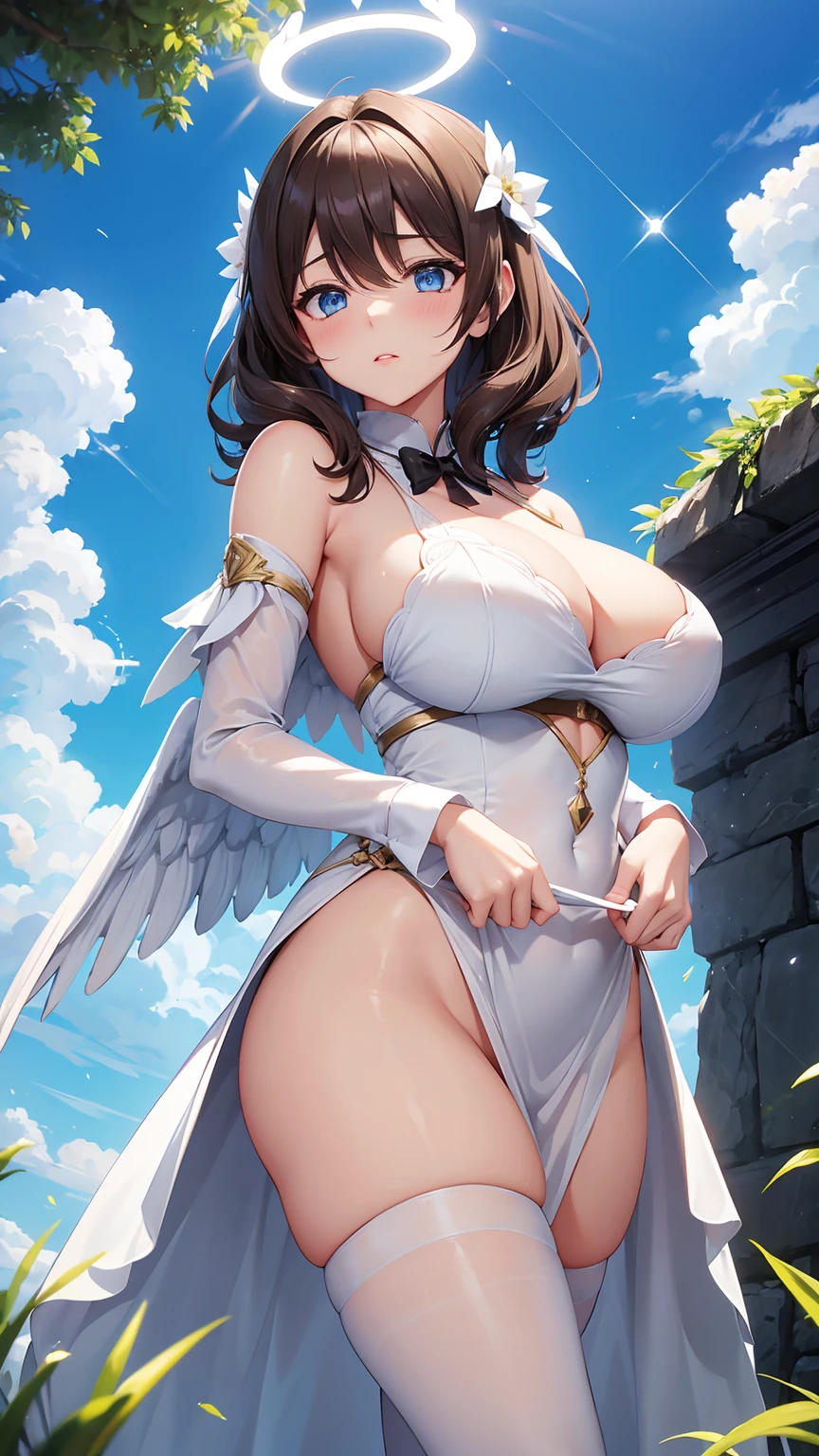 1Woman milf “"Giant breasts" + "large rear" + "wide hips" + " tiny waist" + "plump thighs" + "blue eyes" + "Black eyeliner" + (("shy expression")) + "Longcurly light brown color Hair" + "Red Lips" + "Lucious Lips"”)}, {“Outfit”: Seraphim white magic dress, magic fan weapon, white wings transparent, halo, Clouds, sun, Little wings on the head}).
