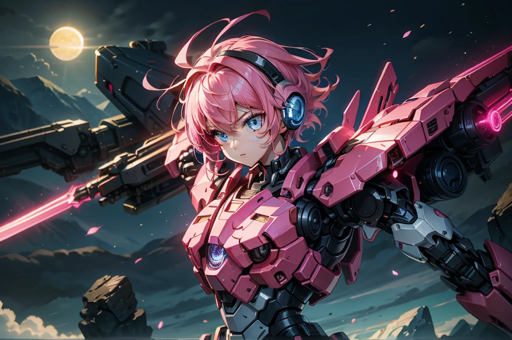 mech warrior,Girl with pink hair,armed with a short sword,Wearing blue armor,sense of science and technology,moonlight close-up,night
