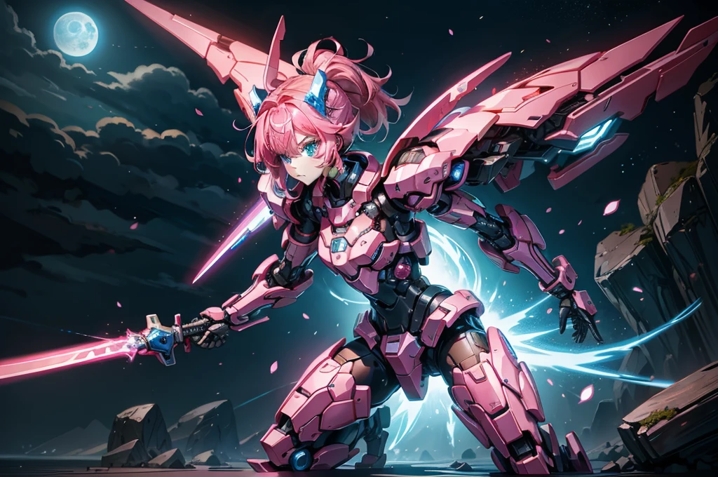 mech warrior，Girl with pink hair，armed with a short sword，Wearing blue armor，sense of science and technology，moonlight close-up，night