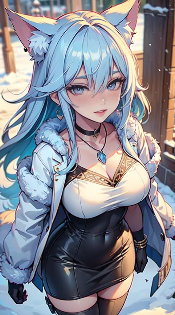 Masterpiece, beautiful art, professional artist, 8k, art style by sciamano240, very detailed face, very detailed hair, very detailed clothes, 1girl, perfectly drawn body, beautiful face, long hair, light blue hair , very detailed blue vertical cat eyes, square glasses, pouty lips , rosey cheeks, intricate details in eyes, extreme close up of face, see only head and neck, staring directly at viewer, wearing cute winter clothes, winter coat, necklace, choker, earrings, gloves, pencil skirt, black tigh boots, some freckles, big wide grin, in love with the viewer expression, sunny winter setting, pov walking outside while holding viewers hand,