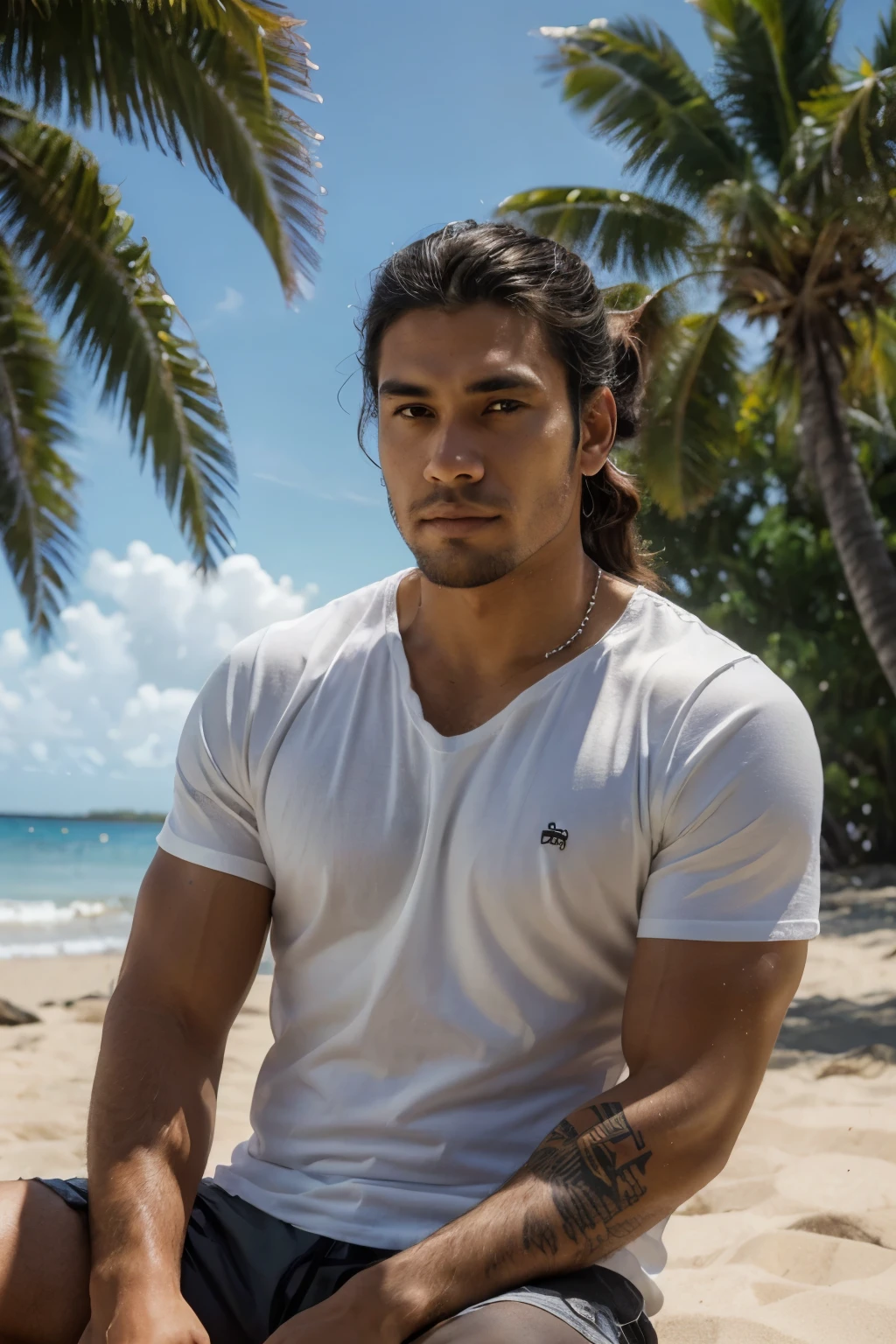 ((best quality)), ((masterpiece)), ((high res)), ((perfect photograph)), ((realistic)), (perfect face), handsome Polynesian man wearing a straight black shirt, looking towards the sun, light shining on shirt, no wrinkles in shirt, sitting on a beach towel facing the camera, on beach, man bun hair, tattoos, scruffy facial hair, skinny, tall, wearing white shorts, happy, sunny day