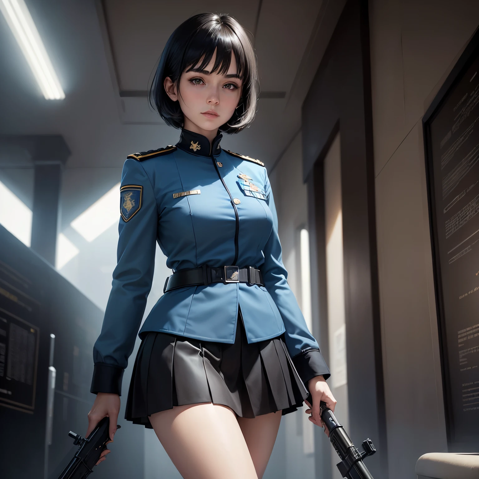 (highest resolution, distinct_image), best quality, masterpiece, highly detailed, semi realistic, a woman with black shoulder length hair, black pupils, mature, mature woman, imperial sister, sexy, short hair, triple bangs, light blue uniform, light blue uniform jacket, soldier, light blue pleated skirt, military uniform, fighter front, future, science fiction, universe