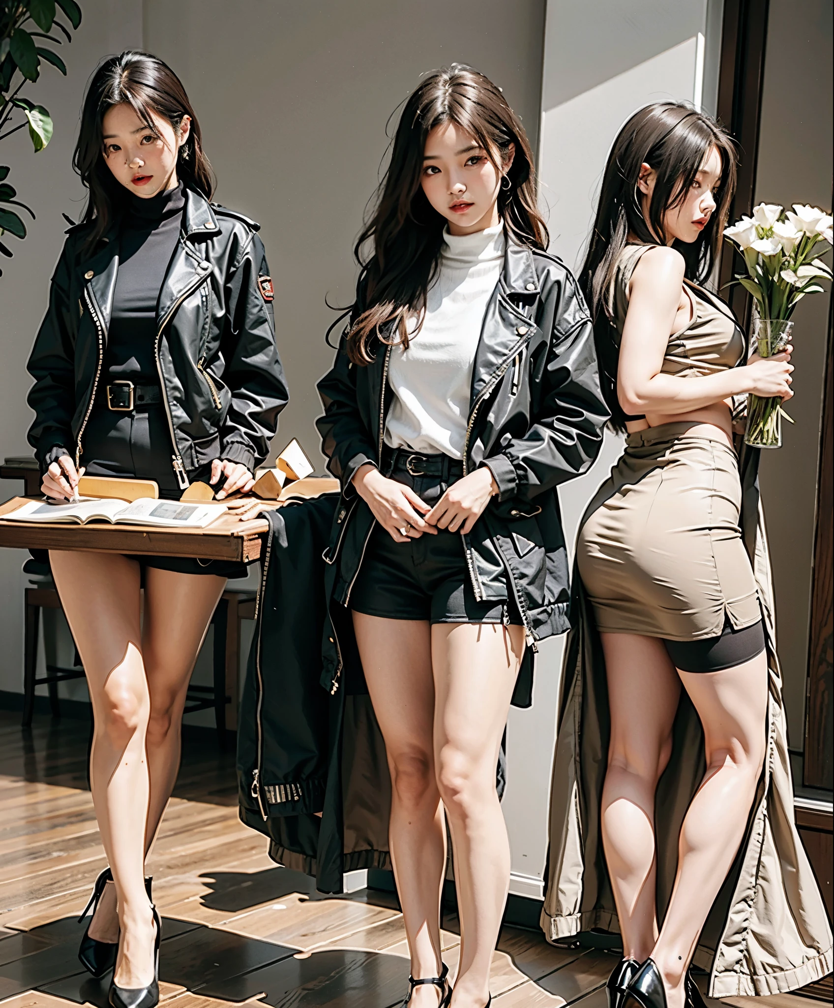 Three sexy redhead nude japanese girls in pervert green and black military uniform with mini skirt, high heels and black pantyhose kissing in a red room