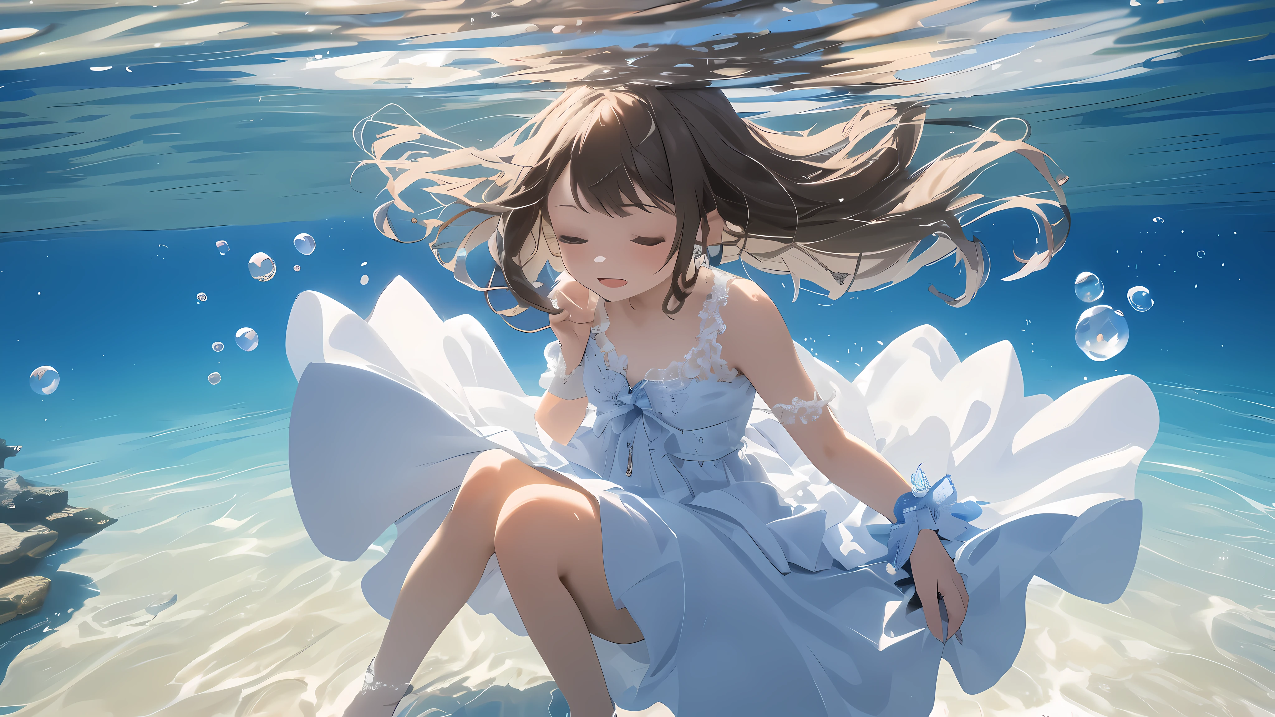 best quality, masterpiece, detailed, dynamic view,
((A girl of 10 years old)), wearing wet dress, beauty white silk dress with detailed Lace, (very long dress), (dress hem extends to the ankle), floating wet dress, (transparent), (best frills, best wrinkles, best shadow),
bare feet, close eyes, sleepy,
(floating drowning, floating under water, underwater photo, submerge),
many water bubbles, clothed_????????????, (8k resolution)
