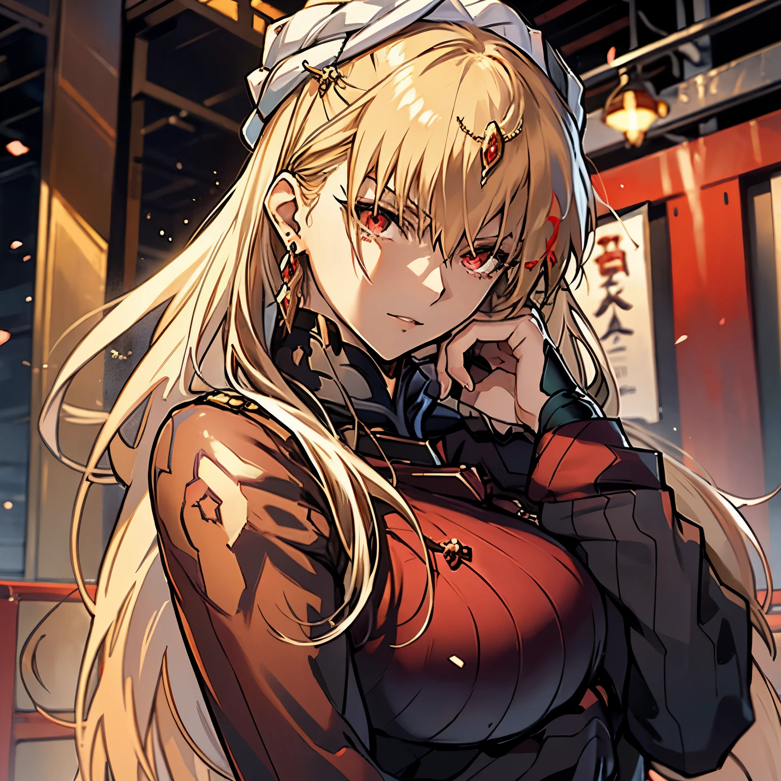 8k, mouthpiece, ((one beautiful woman)),((fate stay night drawing)), Gilgamesh female version solo, empress, ((one beautiful woman)), ((red eyes)), long hair, golden hair,