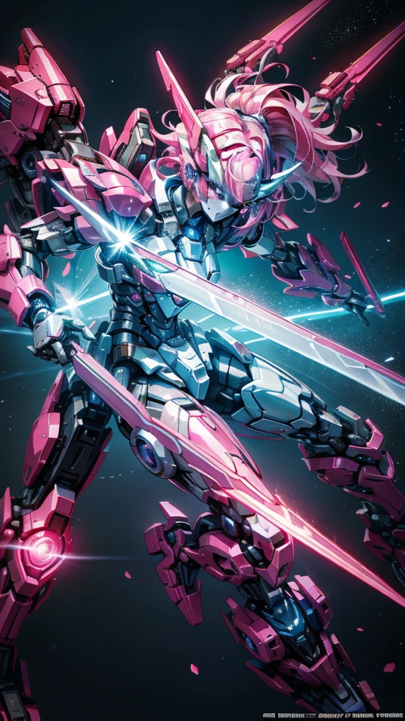 mech warrior,Girl with pink hair,armed with a short sword,Wearing blue armor,sense of science and technology,moonlight close-up,night