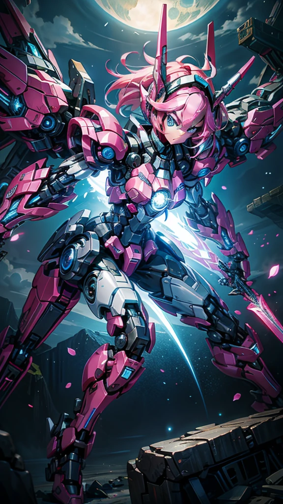 mech warrior,Girl with pink hair,armed with a short sword,Wearing blue armor,sense of science and technology,moonlight close-up,night