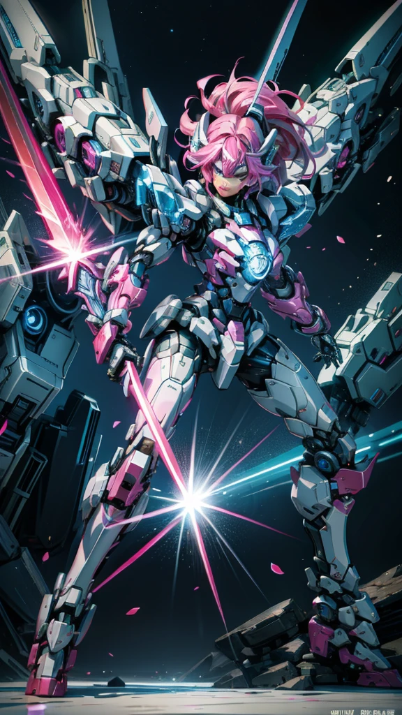 mech warrior，Girl with pink hair，armed with a short sword，Wearing blue armor，sense of science and technology，moonlight close-up，night
