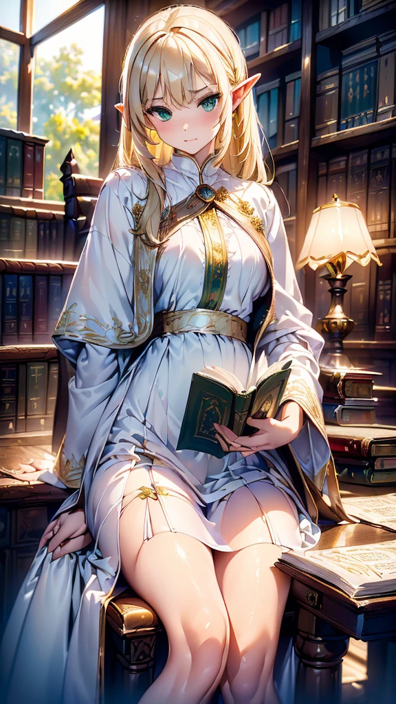 Masterpiece, Best Quality, (((Solo mature woman Janet))), (((platinum blonde hair))),  very long braided Ponytail, (((wide hips))), (((light blue eyes))), full lips, seductive smile, cleavage, sitting on wooden throne, (((bookshelves, candles))) sunset, blushing, , "beautiful mature face" , age30 , MILF , adult ((red open kimono with detailed patterns of gold)), bare shoulder, ((Sexual suggestiveness)), perfect beautiful eyes, detailed eyes. thick lips, ((huge boobs)), (Thick thighs), top down, looking down, (((shiny oiled skin))), (((chubby))), (((crystal Ball)), (((jewelry))), red purple gold kimono