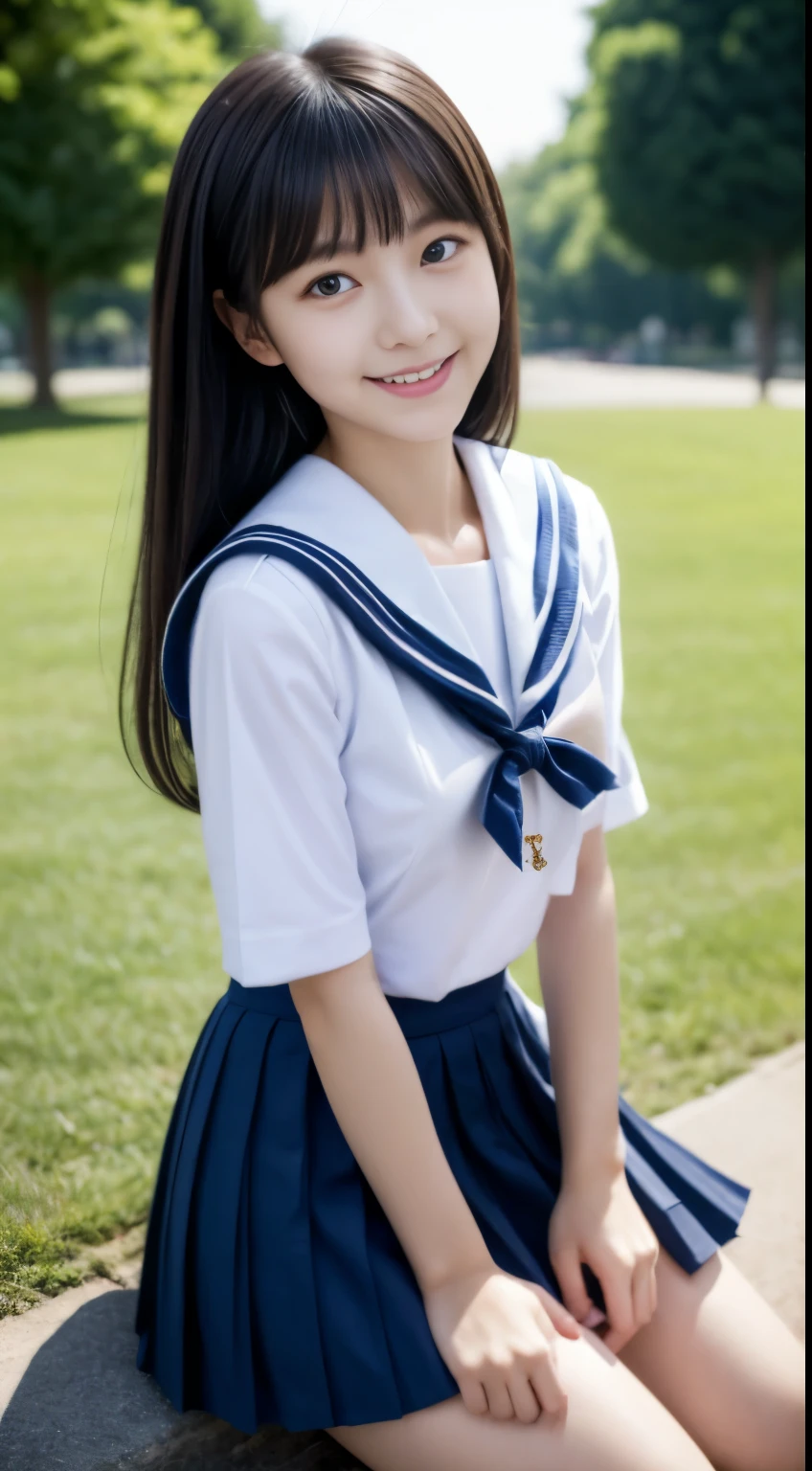 Close up of woman posing for photo,  japanese model model, 16-year-old female model,  4K、bangss、A dark-haired、bobhair、Middle hair、Straight hair、(white  shirt, Sailor School Uniform, Dark blue pleated skirt:1.2),　(Super cute face in idol style:1.2)、school classrooms、slim and beautiful figure、beutiful breast、A smile、full bodyesbian、The background is an empty park、Beautiful legs、sexy  pose、white sock、White sneakers、