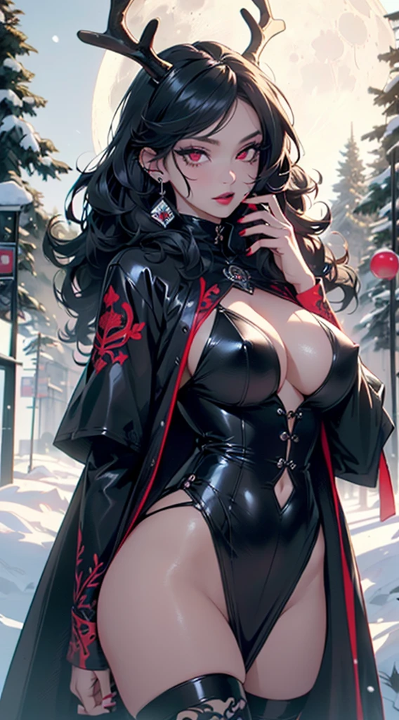 gothic reindeer girl,(((1girl))),((extremely cute and beautiful black haired anime gothic reindeer girl)),
(((anthro furry:1.2), Playboy_Reindeer, reindeer_antlers,(huge antlers:1.2),)),(large breasts:1.4),saggy breasts,((((black curly hair:1.35,medium hair,colored inner hair,ear breathing)))),(((red eyes:1.3))),intricate eyes,beautiful detailed eyes,symmetrical eyes,big eyes:1.5,((fat)),(((lustrous skin:1.5,bright skin: 1.5,skin tanned,shiny skin,very shiny skin,shiny body,plastic glitter skin,exaggerated shiny skin,illuminated skin))),(spider lower abdomen,narrow waist,wide hip,athletic body,inflated legs,delicate detailed fingers,detailed body,detailed arms,human hands,(detailed face)),
cute,slutty,seductive,erotic,(((nsfw))),
zettai ryouiki,revealing clothing,show skin,(((Sexy goth fur coat, goth fur coat outfit, wearing a goth fur coat:1.3,dark red winter coat))),((red goth mini-skirt,red goth mini skirt with furry edge,visible thong straps)),(red gothic clothes,semi-naked,with little goth clothing),((((Black Eyeshadow,Thick Black Eyeliner,Long Dramatic Eyelashes,Black Lips,moon Accessories,ravens ornaments)))),((ravens on her clothes)),(((intricate outfit,intricate clothes,embroidered outfit,ornate outfit))),
(dynamic pose:1.0),embarrassed,(centered,scale to fit dimensions,Rule of thirds),
((snowy pine forest at night)), with dark stormy clouds,winter,scenery:1.25,((snow forest background)),Christmas tree,
highres,sharp focus,(ultra detailed,extremely detailed),(photorealistic artwork:1.37),(extremely detailed CG unity 8k wallpaper),(((vibrant colors,vibrant theme))),(intricate),(masterpiece),(best quality),