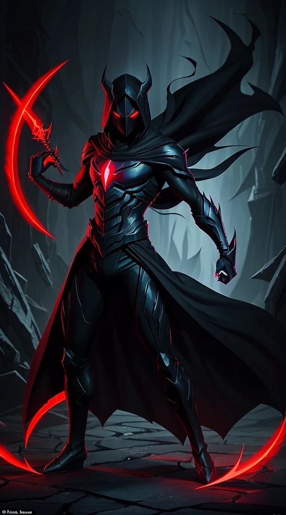 (((full body photo))) Shadowbane, the Void Assassin:

Description: A sleek and agile figure draped in black robes, with glowing red eyes. Carries dual daggers made of shadowy energy.
Abilities: Can blend into shadows, teleport, and unleash devastating shadow strikes