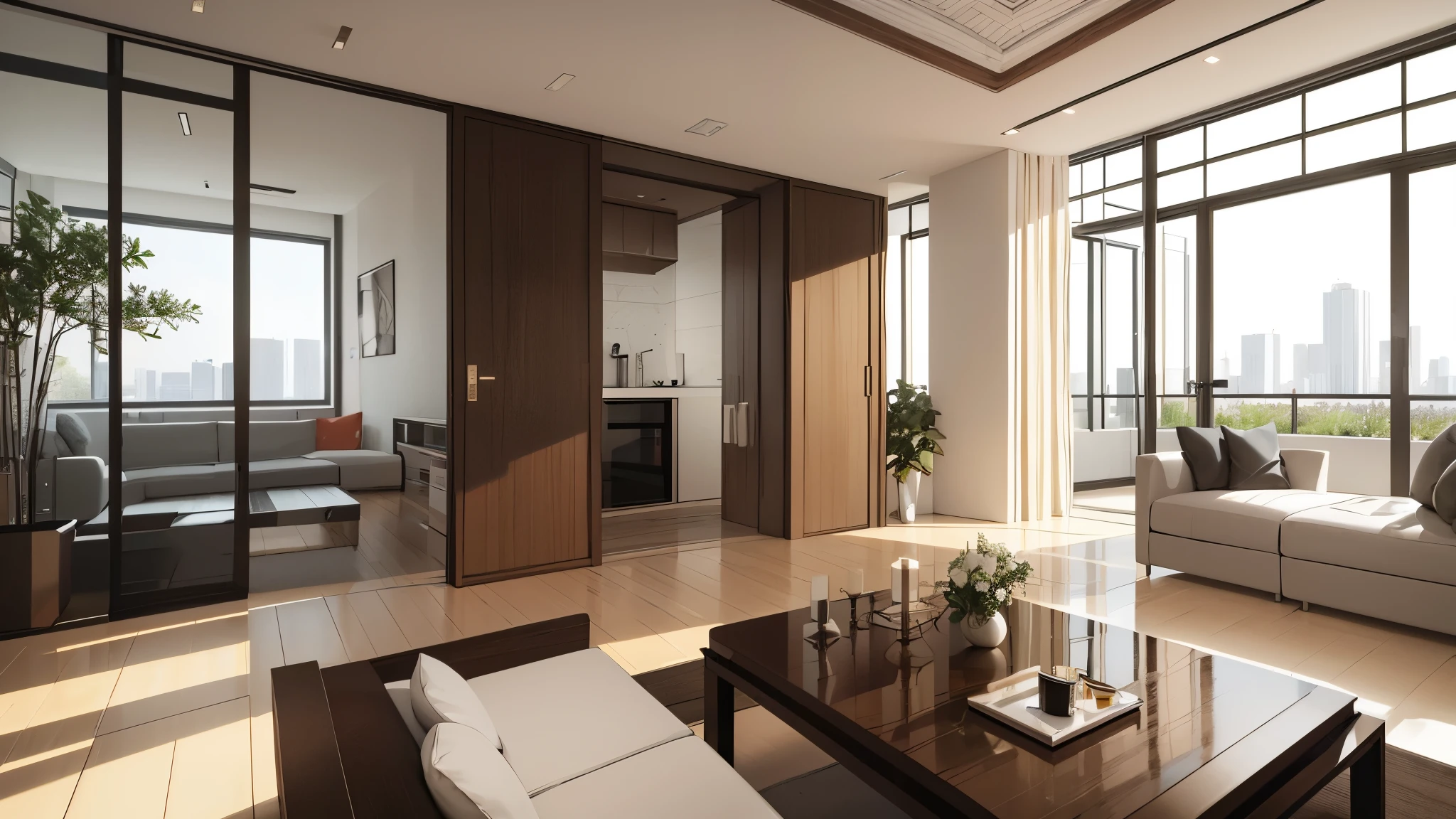 You are a famous interior designer、You have been asked to create a 3D image of a modern large room. Create a harmonious environment with modern and minimalist furniture. Including garden interior.