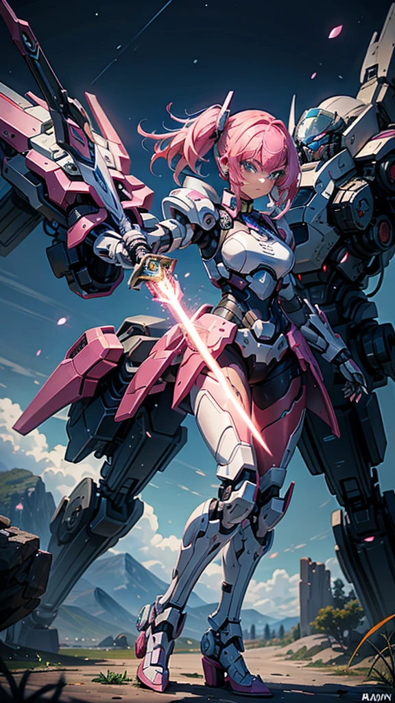 mech warrior，Girl with pink hair，armed with a short sword，Wearing blue armor，sense of science and technology，moonlight close-up，night