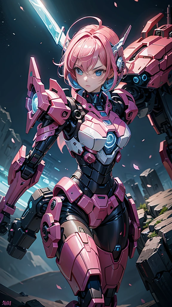 mech warrior,Girl with pink hair,armed with a short sword,Wearing blue armor,sense of science and technology,moonlight close-up,night