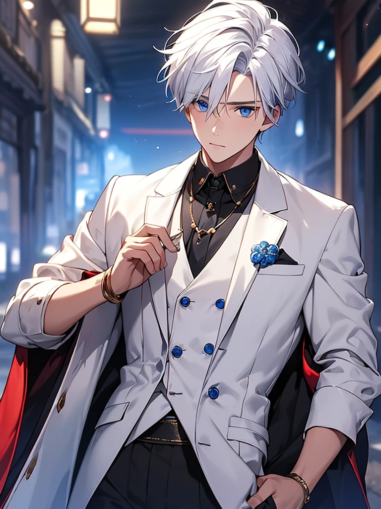 Blue eyes, white hair, male, teenager, short hair, handsome, mysterious, cool, royal banquet