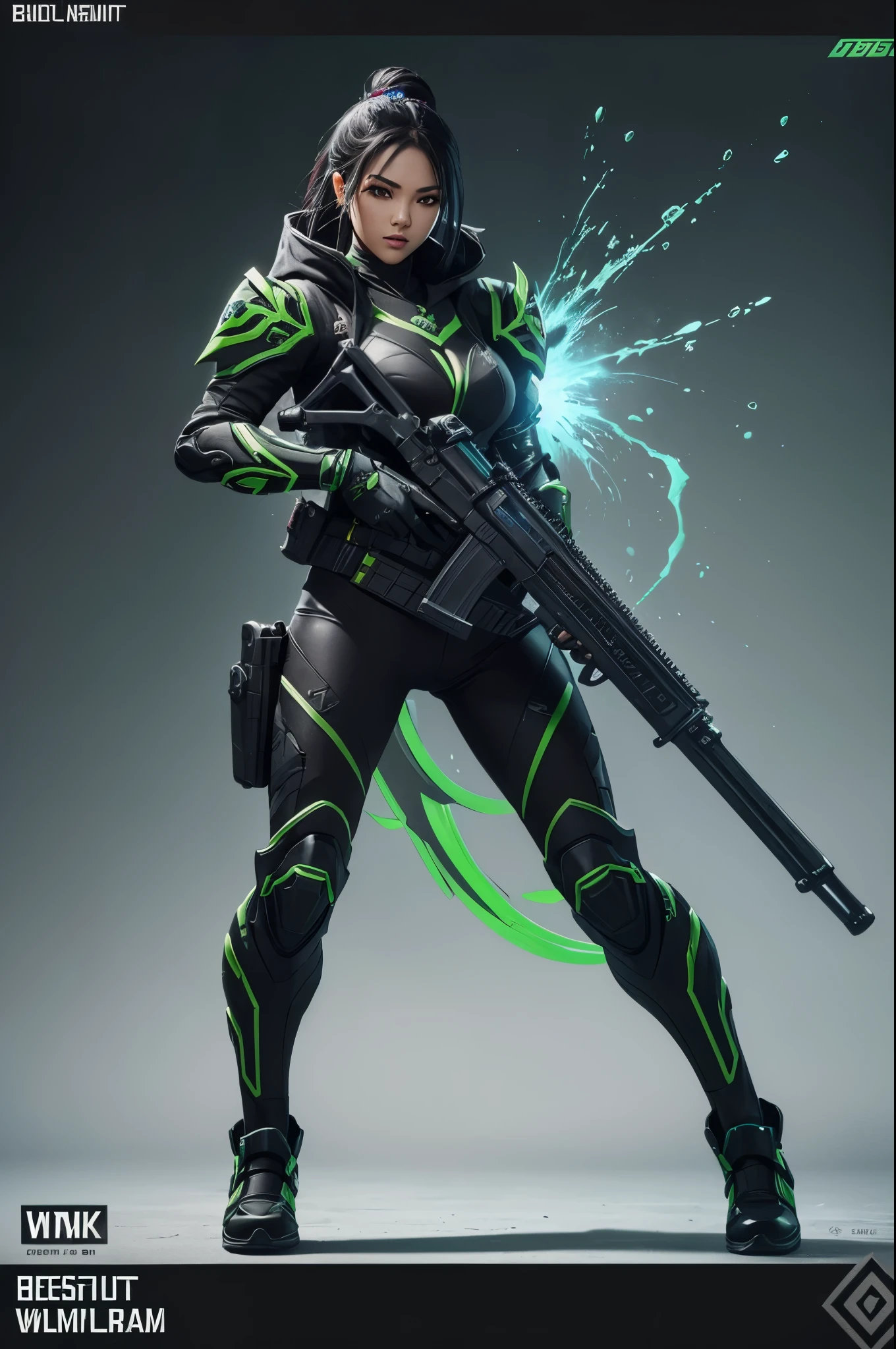 (best quality, vibrant colors), (design detailed), (weapon detailed, full body weapon detailed), (skin titanium black, weapon Green), (skin weapon game detailed), (splash art)