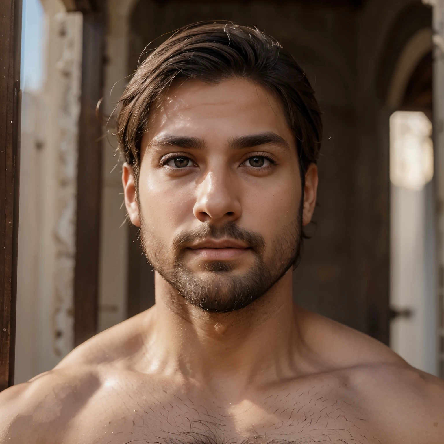 Male, brunette, muscular, light gray eyes, light brown sk in, small beard, hunter eyes, Arab