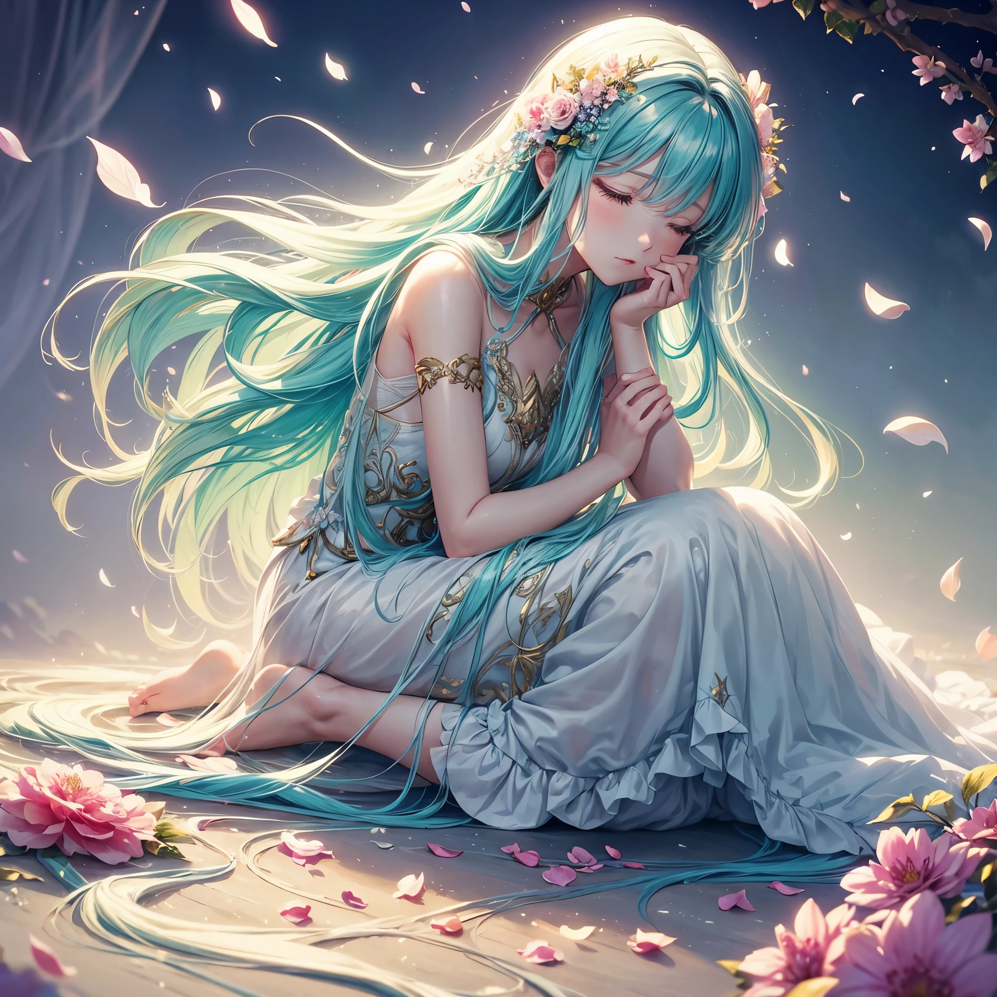 soft lighting, dreamy atmosphere, ethereal aesthetic, fantasy theme, nature elements, floral background, delicate details, flowing hair, whimsical pose, vibrant colors, flower petal falling, praying, kneeling down