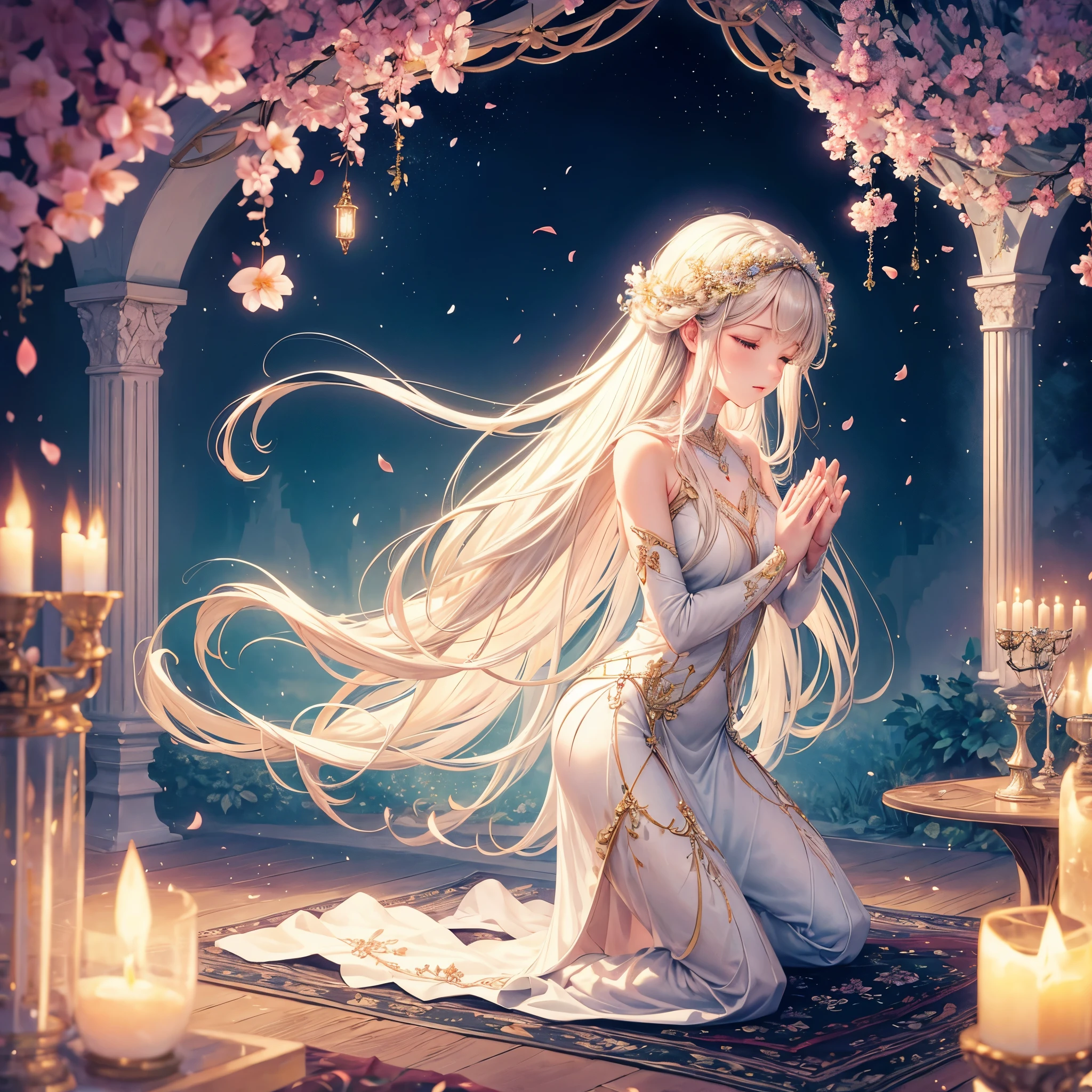 soft lighting, dreamy atmosphere, ethereal aesthetic, fantasy theme, nature elements, floral background, delicate details, flowing hair, whimsical pose, vibrant colors, flower petal falling, praying, kneeling down