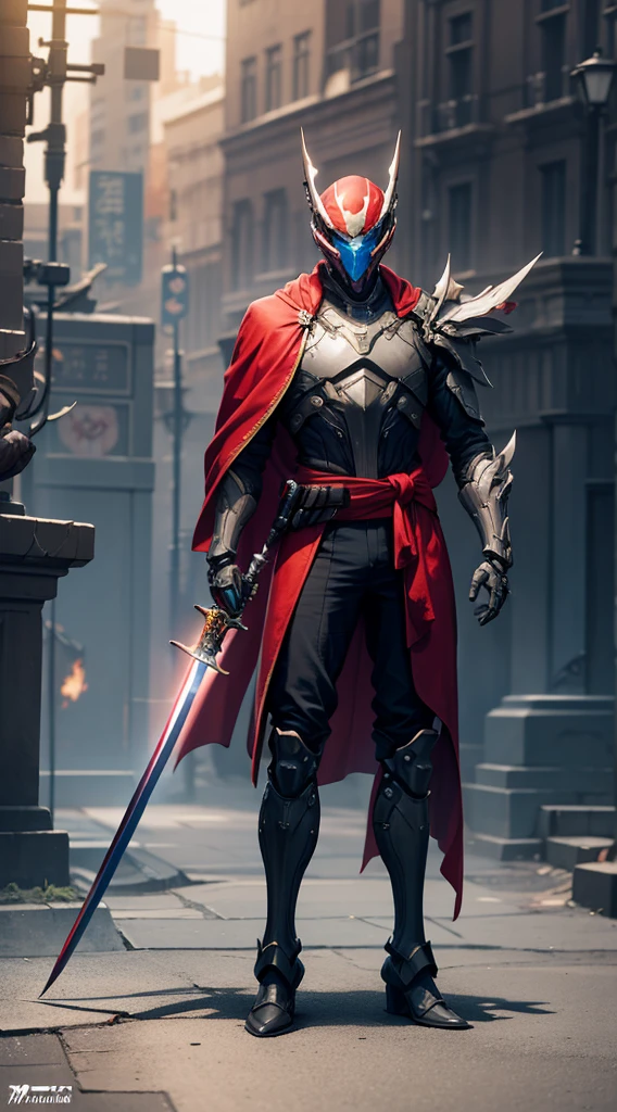 (((full body photo))) {A male man:3},Broken planet,Fight enemies with swords,Bokeh background,Samurai::1, Obsidian Sword::3, Battle Stance::2,{{Long sword in hand}}, Wind, Blood, Ancient Battlefield, Scar on Face::4, Hanfu::,Zen Atmosphere, high detail,hyper quality,high resolution,trending on artstation,8KHD,surrealism,hyperrealism,16K,cinematic shot,film lighting, --ar 16:9 --test --creative Delicate facial features ,Messy hair,mechanization,Biomechanical,Mecha,armor,biotechnology,warframe,Lightsaber,Red cape,