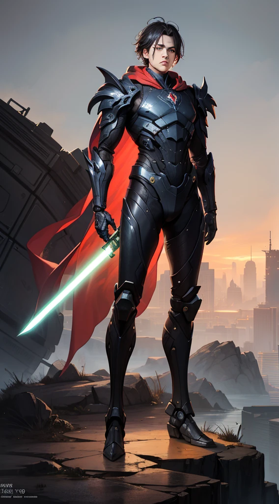 (((full body photo))) {A male man:3},Broken planet,Fight enemies with swords,Bokeh background,Samurai::1, Obsidian Sword::3, Battle Stance::2,{{Long sword in hand}}, Wind, Blood, Ancient Battlefield, Scar on Face::4, Hanfu::,Zen Atmosphere, high detail,hyper quality,high resolution,trending on artstation,8KHD,surrealism,hyperrealism,16K,cinematic shot,film lighting, --ar 16:9 --test --creative Delicate facial features ,Messy hair,mechanization,Biomechanical,Mecha,armor,biotechnology,warframe,Lightsaber,Red cape,
