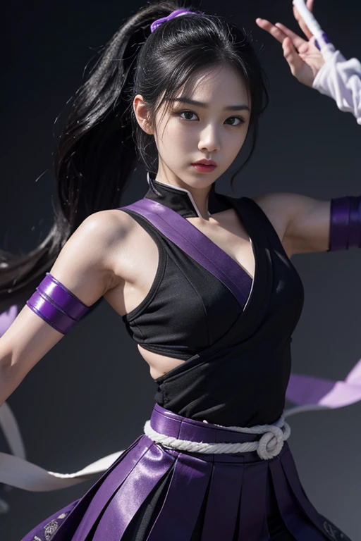 Black hair in a ponytail、Beautiful 25 year old Japan woman, white skin, double eyelid、serious expression, Wearing a black and purple ninja costume, valley、waist up shot, dynamic pose, environmental lighting, photorealism, intricate face details, intricate hand details, very detailed, bright colors, cinematic, High resolution, Art Station Trends - Style Row