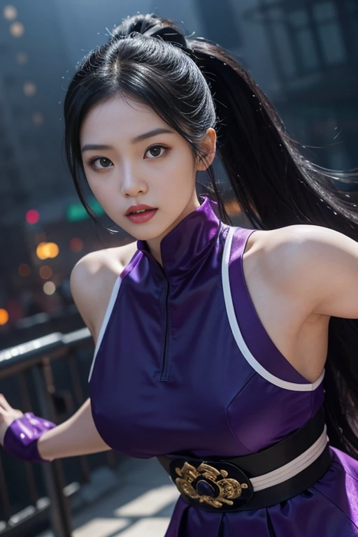 Black hair in a ponytail、Beautiful 25 year old Japan woman, white skin, double eyelid、serious expression, Wearing a black and purple ninja costume, valley、waist up shot, dynamic pose, environmental lighting, photorealism, intricate face details, intricate hand details, very detailed, bright colors, cinematic, High resolution, Art Station Trends - Style Row