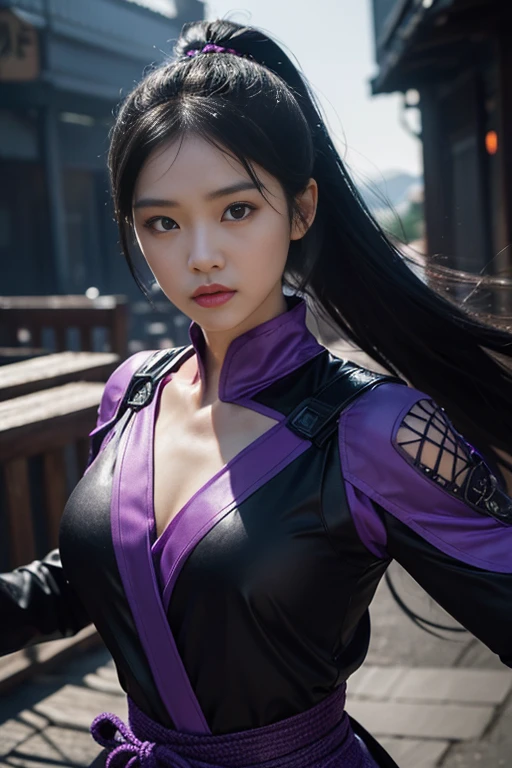 Black hair in a ponytail、Beautiful 25 year old Japan woman, white skin, double eyelid、serious expression, Wearing a black and purple ninja costume, valley、waist up shot, dynamic pose, environmental lighting, photorealism, intricate face details, intricate hand details, very detailed, bright colors, cinematic, High resolution, Art Station Trends - Style Row