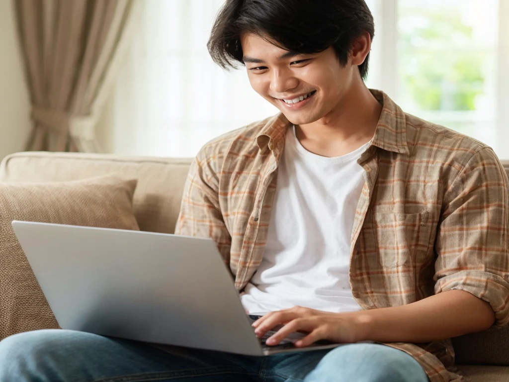 asian 20 years old man using laptop, sitting on sofa, smiling face, house, exciting pose, green shirt