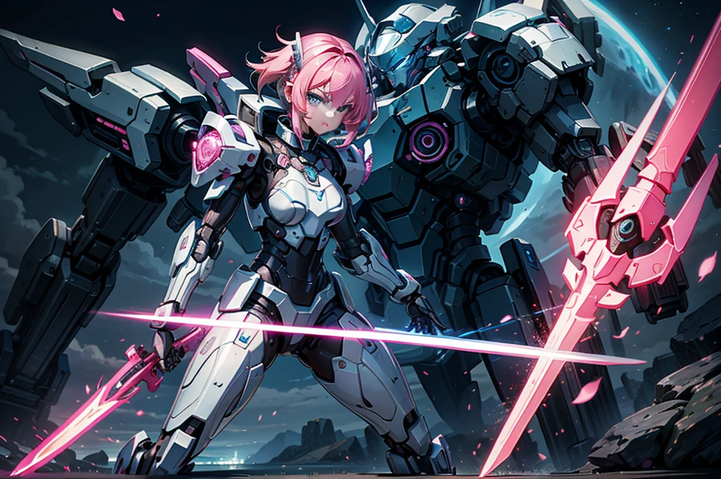 mech warrior,Girl with pink hair,armed with a short sword,Wearing blue armor,sense of science and technology,moonlight close-up,night