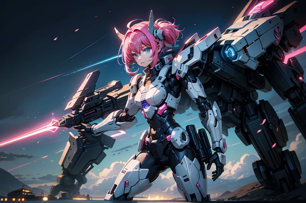 mech warrior，Girl with pink hair，armed with a short sword，Wearing blue armor，sense of science and technology，moonlight close-up，night