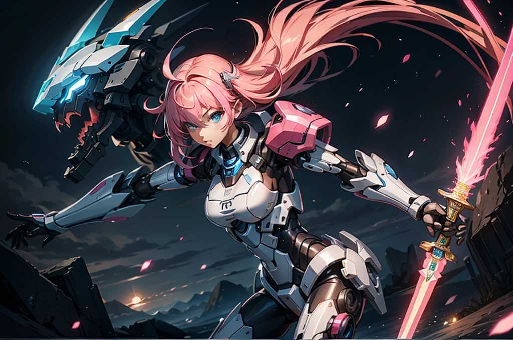 mech warrior，Girl with pink hair，armed with a short sword，Wearing blue armor，sense of science and technology，moonlight close-up，night