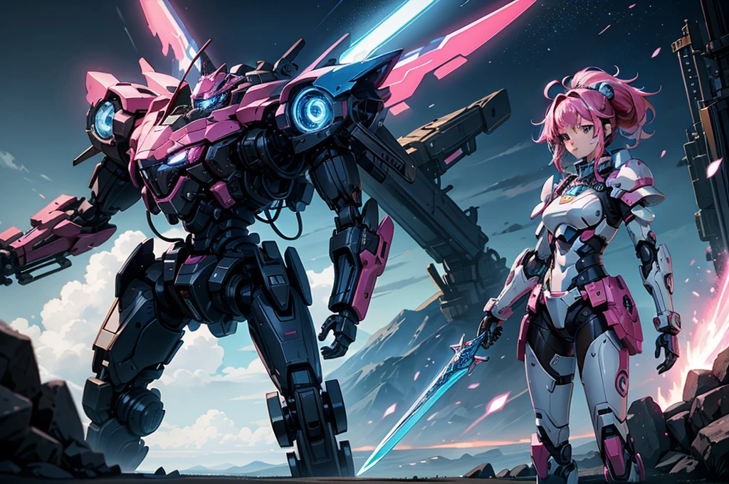 mech warrior,Girl with pink hair,armed with a short sword,Wearing blue armor,sense of science and technology,moonlight close-up,night