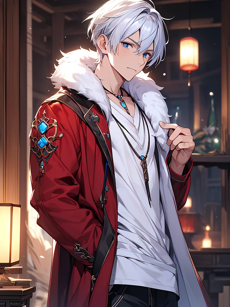 (best quality, masterpiece), 1 boy,white hair,Blue pick dye,blue eyes,White waistless underwear,Black neck ornament,bead necklace,red coat,Chinese,handsome,black shorts