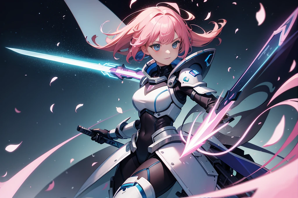 mech warrior，Girl with pink hair，armed with a short sword，Wearing blue armor，sense of science and technology，moonlight close-up，night