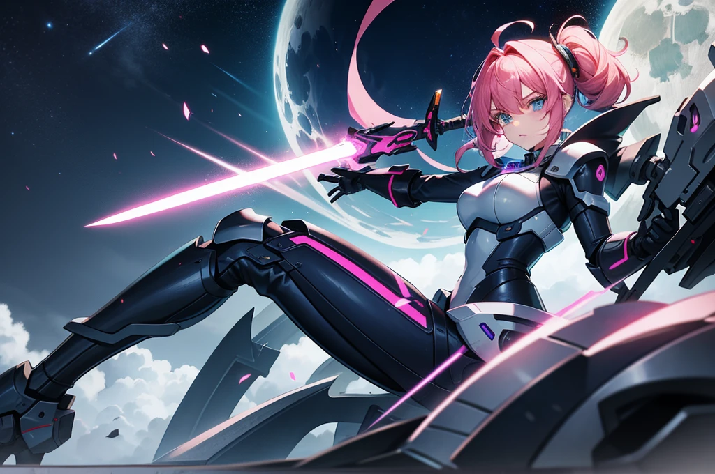 mech warrior，Girl with pink hair，armed with a short sword，Wearing blue armor，sense of science and technology，moonlight close-up，night