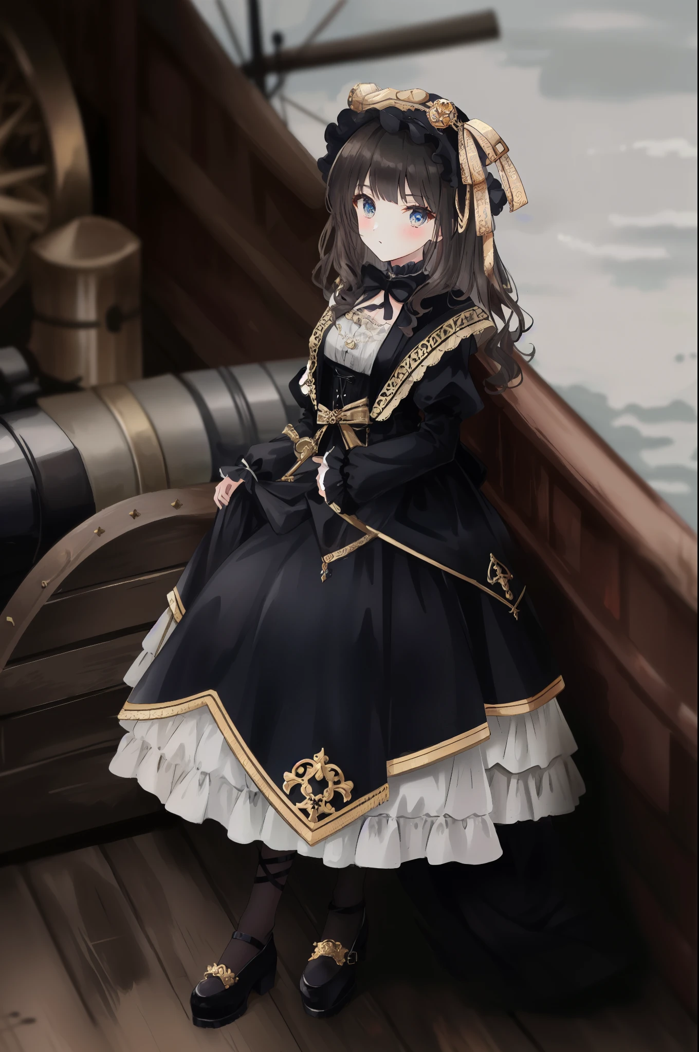 arafed doll sitting on a wooden deck next to a cannon, victorian gothic lolita fashion, black gothic lolita dress, in victorian aristocrat, victorian style costume, historical baroque dress dark, historical baroque dress, in detailed steampunk dress, black victorian dress, baroque dress, black rococo, imperial royal elegant clothing, ornate cosplay, lolita fashion, victorian dress, victorian inspired clothing