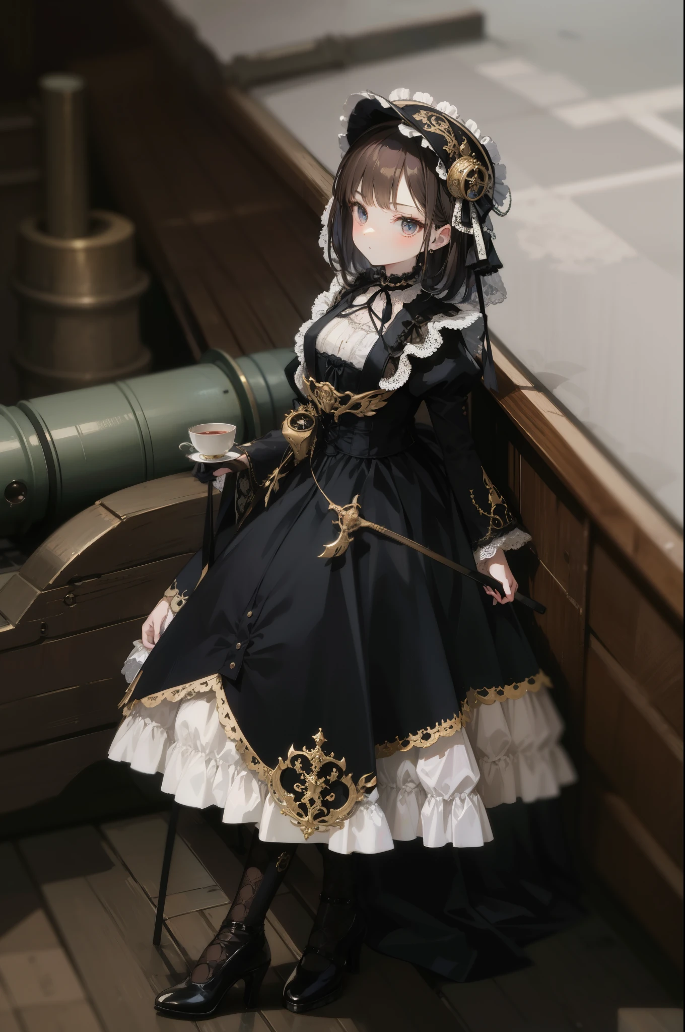 arafed doll sitting on a wooden deck next to a cannon, victorian gothic lolita fashion, black gothic lolita dress, in victorian aristocrat, victorian style costume, historical baroque dress dark, historical baroque dress, in detailed steampunk dress, black victorian dress, baroque dress, black rococo, imperial royal elegant clothing, ornate cosplay, lolita fashion, victorian dress, victorian inspired clothing