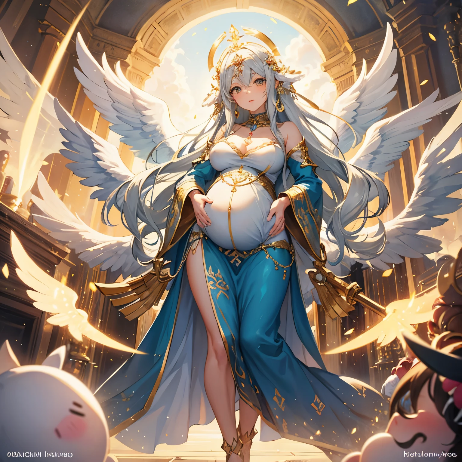 a young anime girl with large angel wings, blonde hair, a futuristic helmet, standing in an african town, angewomon, digimon, pregnant belly, huge breasts, sexy legs, beautiful detailed eyes, beautiful detailed lips, extremely detailed face, long eyelashes, smiling, front view, best quality, 8k, highres, masterpiece, ultra-detailed, realistic, photorealistic, studio lighting, extreme detail description, professional, vivid colors, bokeh