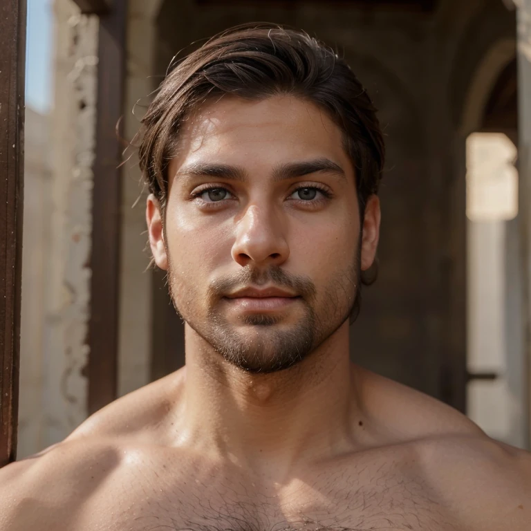 Male, brunette, muscular, blue eyes, light brown skin, small beard, hunter eyes, Arab, low fade hair