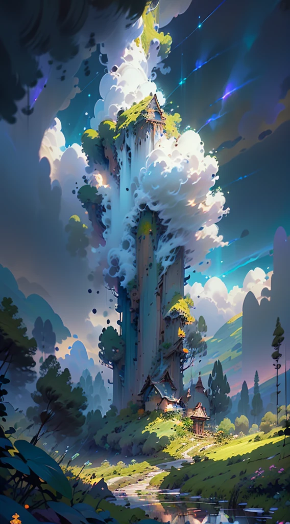 A giant mirror sphere floating in space, flickering lights, sad hamster lost (heaven like green fields surrounded by high mountains and clouds:1.3), particles in the air, god rays, stars in the background, intricate fractals, detailed, (illustration), masterpiece, high resolution, best quality.