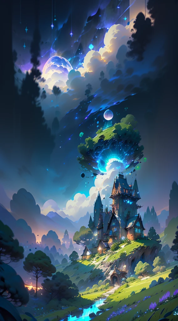 A giant mirror sphere floating in space, flickering lights, sad hamster lost (heaven like green fields surrounded by high mountains and clouds:1.3), particles in the air, god rays, stars in the background, intricate fractals, detailed, (illustration), masterpiece, high resolution, best quality.