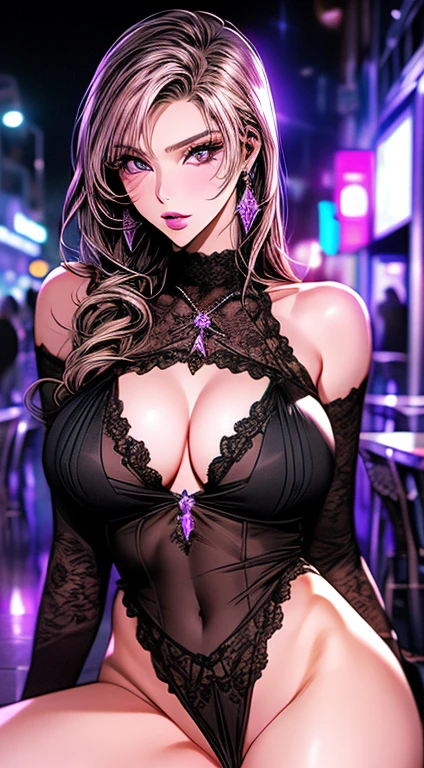 1girl, Beautiful, Amazing face and eyes, makeup, (extremely detailed beautiful face), Blonde, (The sexiest look), (Beautiful big breasts:1.3), (Best Quality:1.4), (Ultra-detailed), (extremely detailed CG unified 8k wallpaper), Highly detailed, RAW Photos, Professional Photography, (diamond lace costume:1.3), Sitting, (Spread your legs), (no panties:1.4), plein air, Illumination, (Super fancy photos:1.4), (Dazzling light), Glowing Photography, (light pink purple:1.4), depth of fields