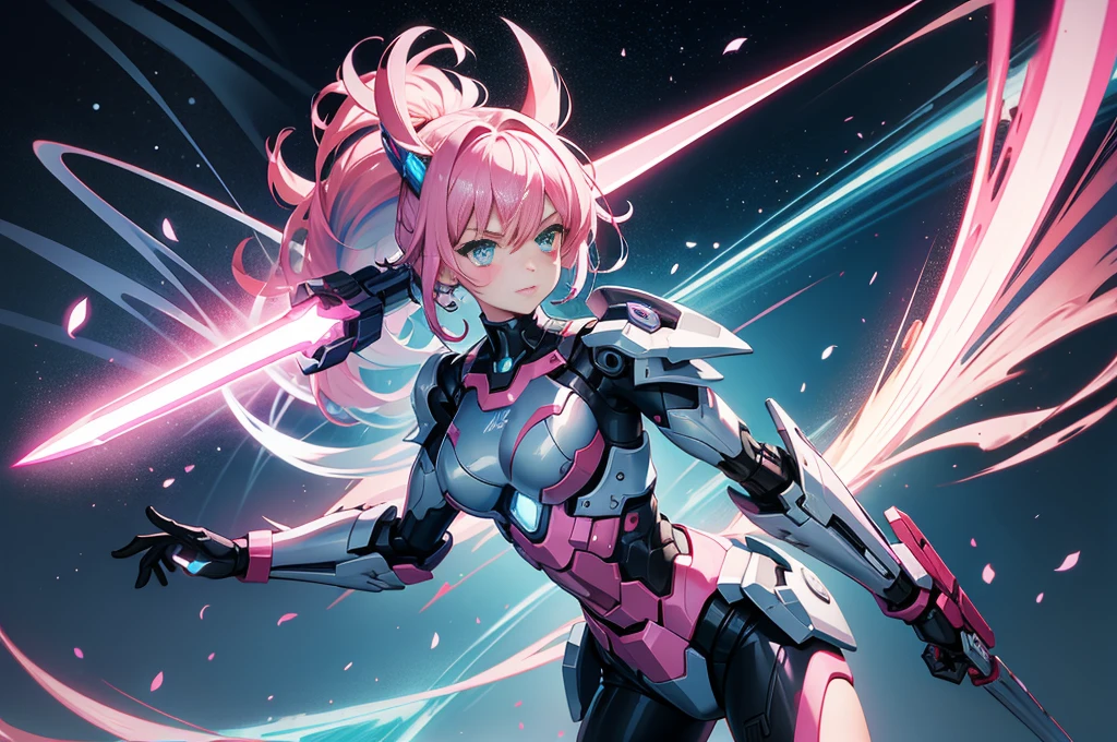 mech warrior,Girl with pink hair,armed with a short sword,Wearing blue armor,sense of science and technology,moonlight close-up,night