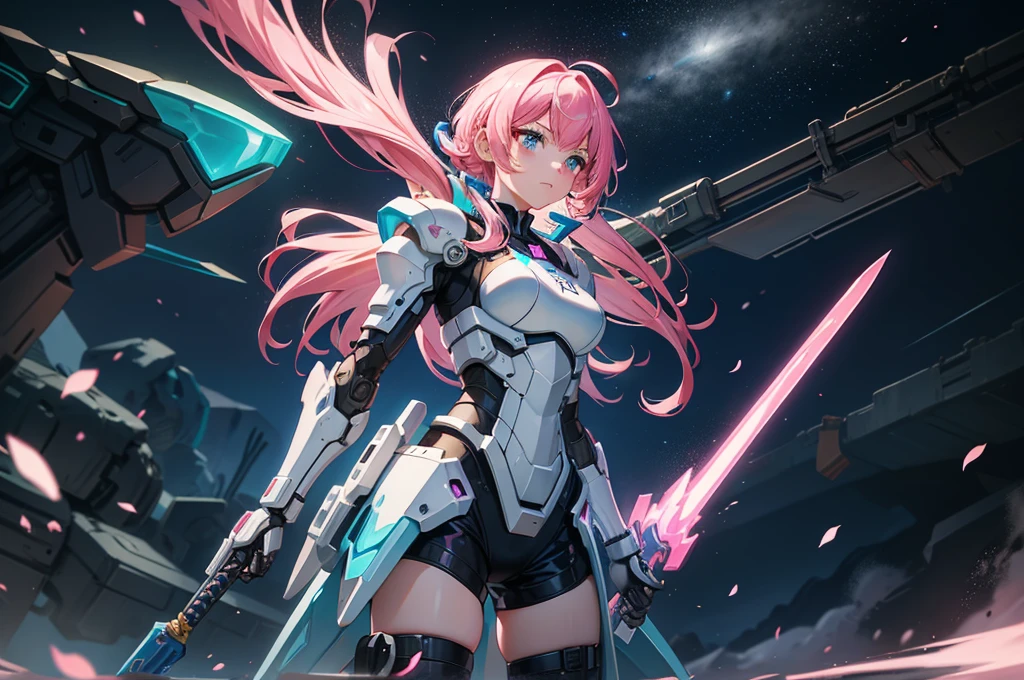 mech warrior,Girl with pink hair,armed with a short sword,Wearing blue armor,sense of science and technology,moonlight close-up,night